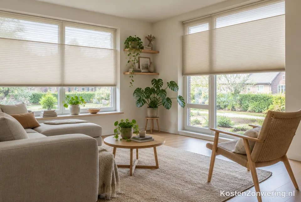 Plissé- en duettegordijnen in een lichte woonkamer