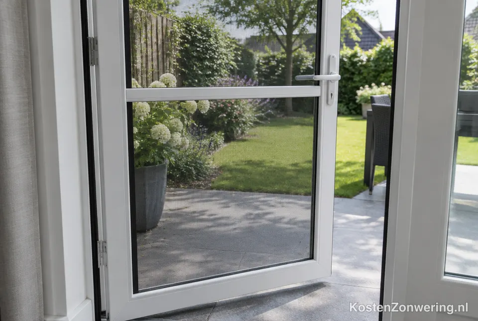 Witte hordeur in een openstaande tuindeur