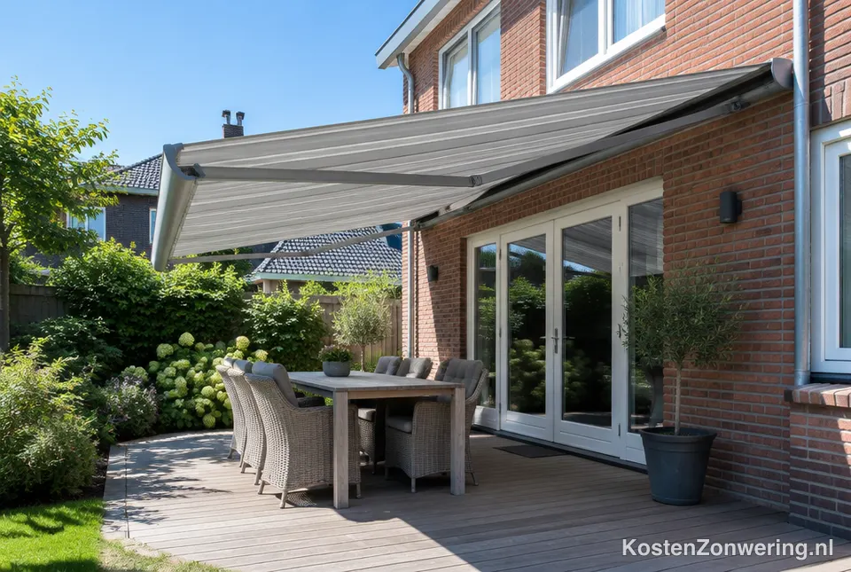 Uitgerold knikarmscherm boven een houten terras in de tuin