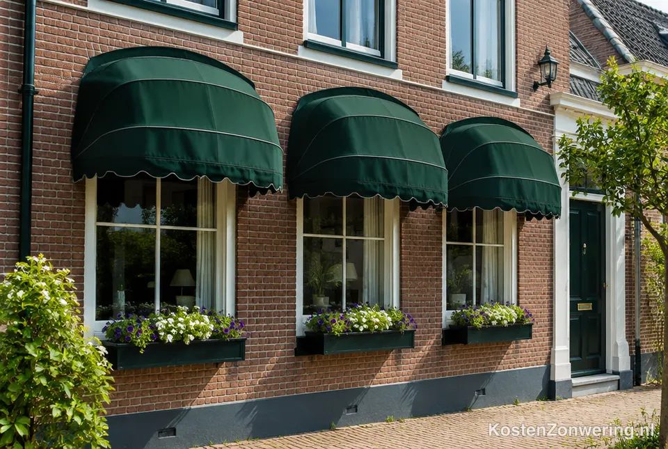 Groene markiezen boven de ramen van een bakstenen huis
