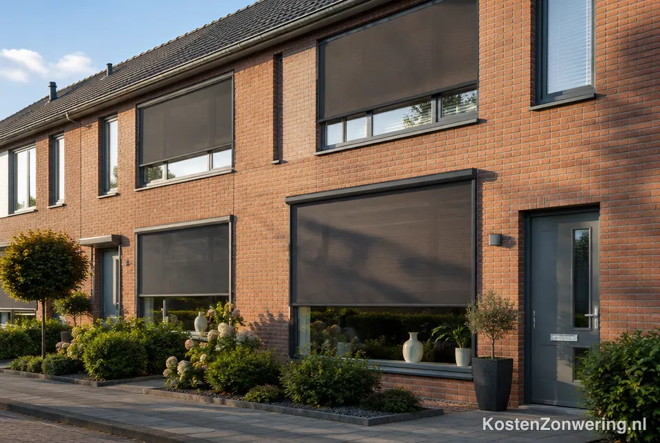 Rijtjeswoning met antraciet screens voor de ramen