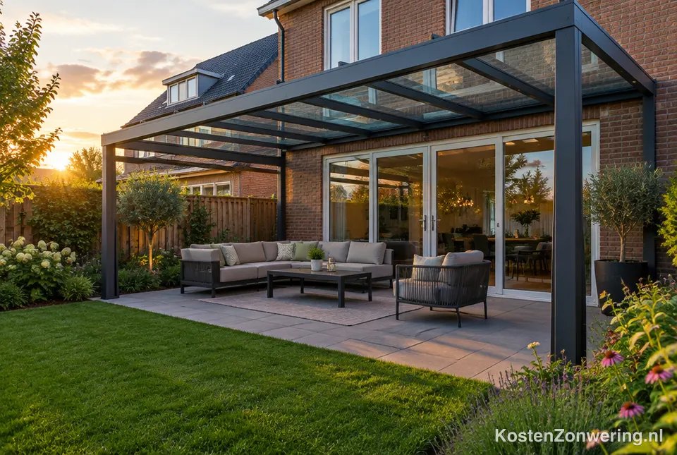 Aluminium terrasoverkapping met glazen dak achter een woning