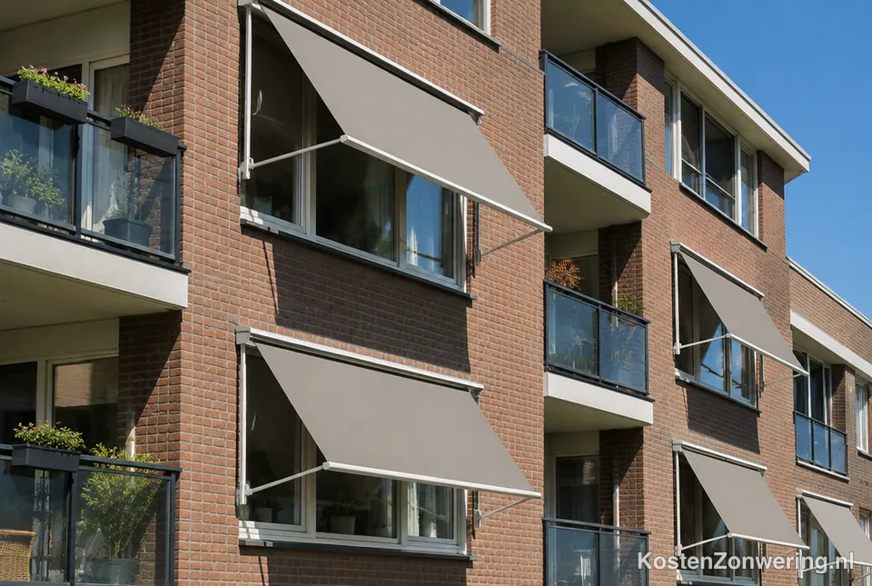 Uitvalschermen voor de ramen van een appartementengebouw