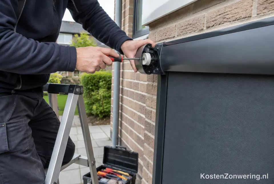 Monteur repareert de motor van een screen aan de gevel